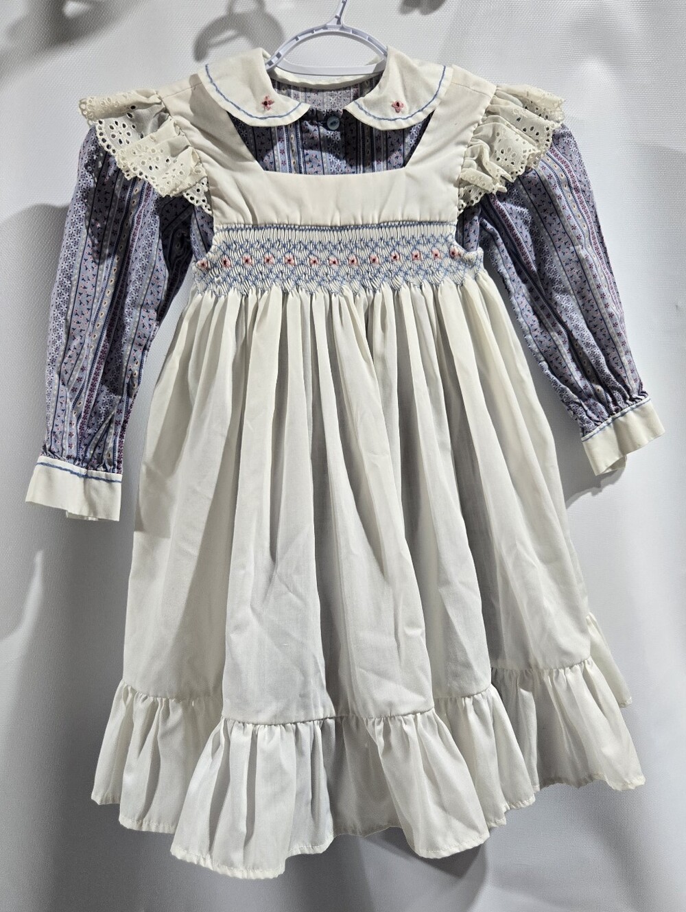 Vintage Girls Smocked Pinafore Dress 2 Pc Set Blue Floral Sz 5 Cotton